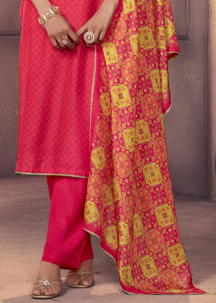 Raspberry Pink Silk Suit with Printed Dupatta & Embroidered Neckline