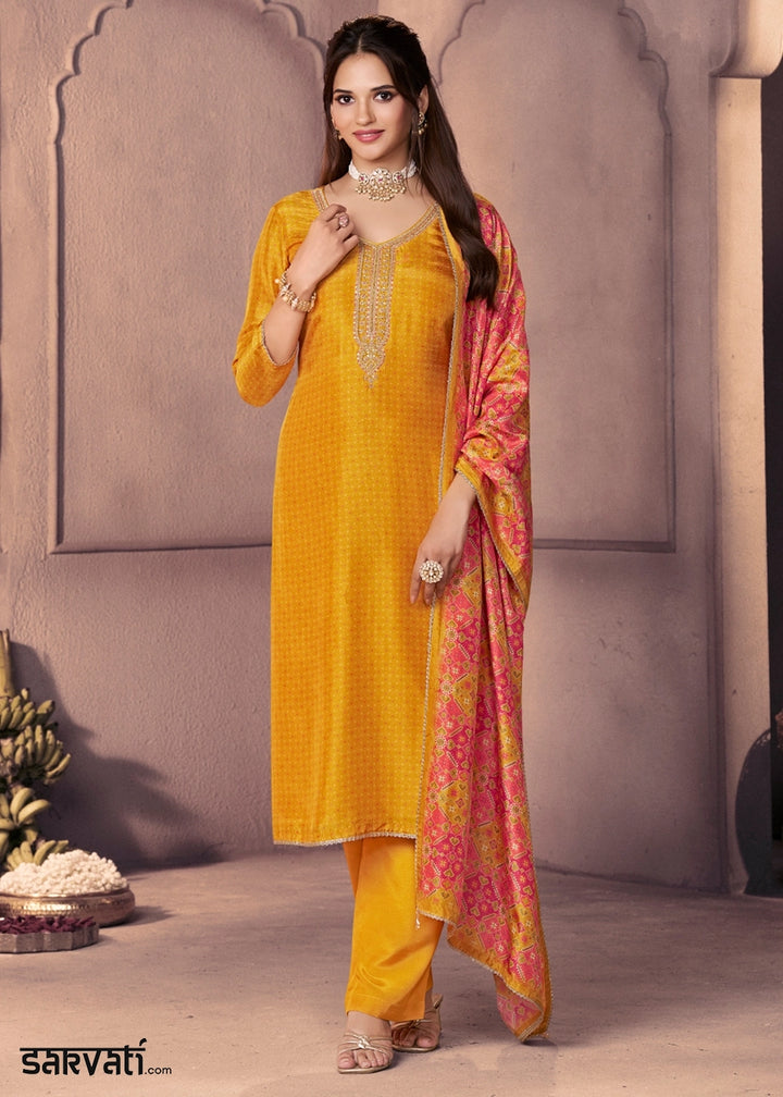 Amber Yellow Silk Suit with Ethnic Motif Print & Embroidered Neckline