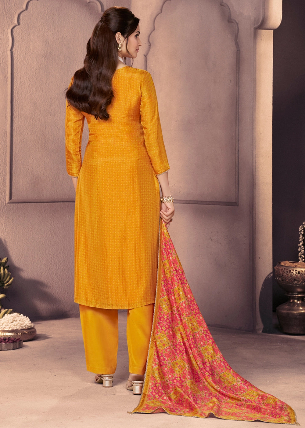 Amber Yellow Silk Suit with Ethnic Motif Print & Embroidered Neckline