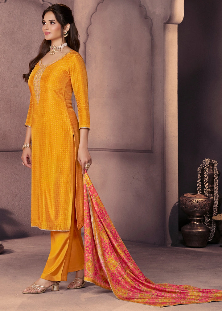 Amber Yellow Silk Suit with Ethnic Motif Print & Embroidered Neckline