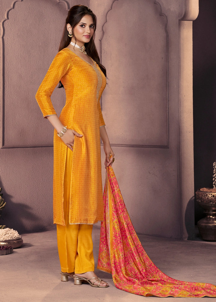 Amber Yellow Silk Suit with Ethnic Motif Print & Embroidered Neckline