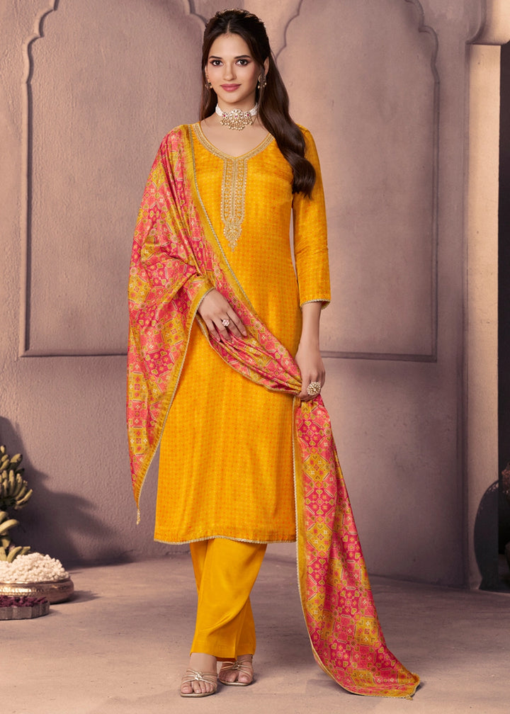 Amber Yellow Silk Suit with Ethnic Motif Print & Embroidered Neckline