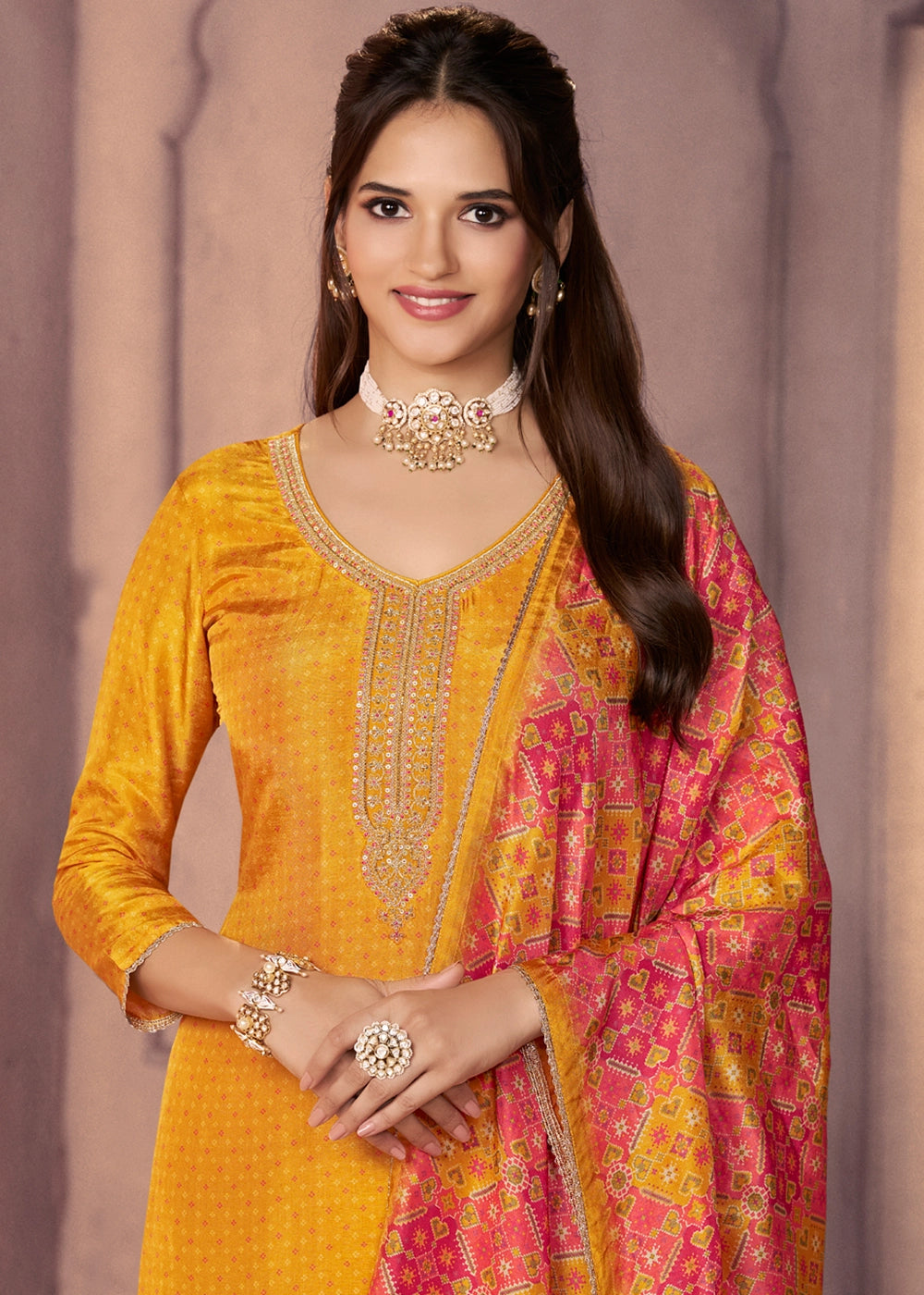 Amber Yellow Silk Suit with Ethnic Motif Print & Embroidered Neckline