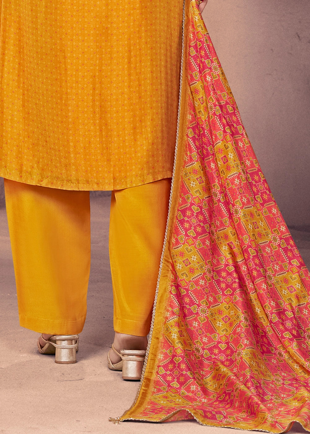 Amber Yellow Silk Suit with Ethnic Motif Print & Embroidered Neckline