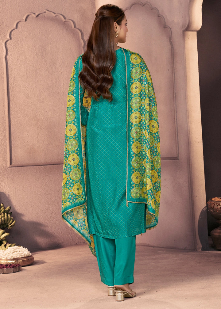 Turquoise Blue Silk Suit with Ethnic Motif Print & Embroidered Detailing