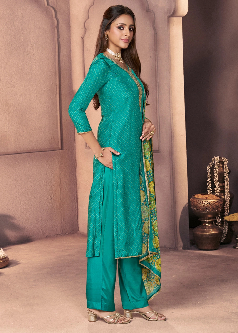 Turquoise Blue Silk Suit with Ethnic Motif Print & Embroidered Detailing