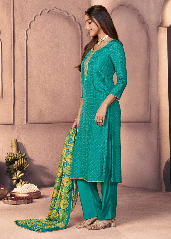 Turquoise Blue Silk Suit with Ethnic Motif Print & Embroidered Detailing