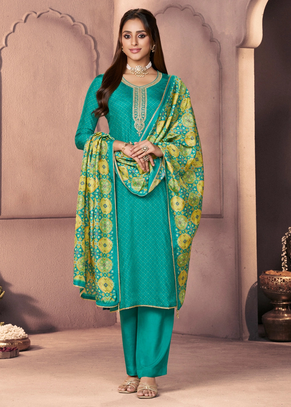 Turquoise Blue Silk Suit with Ethnic Motif Print & Embroidered Detailing