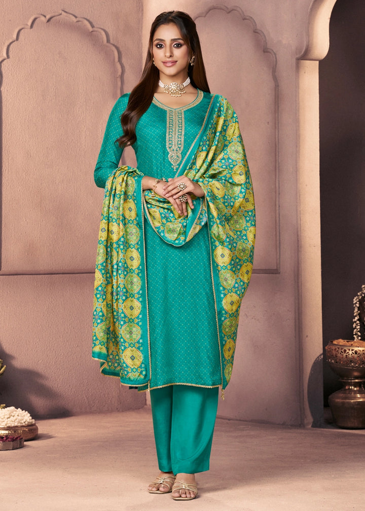 Turquoise Blue Silk Suit with Ethnic Motif Print & Embroidered Detailing