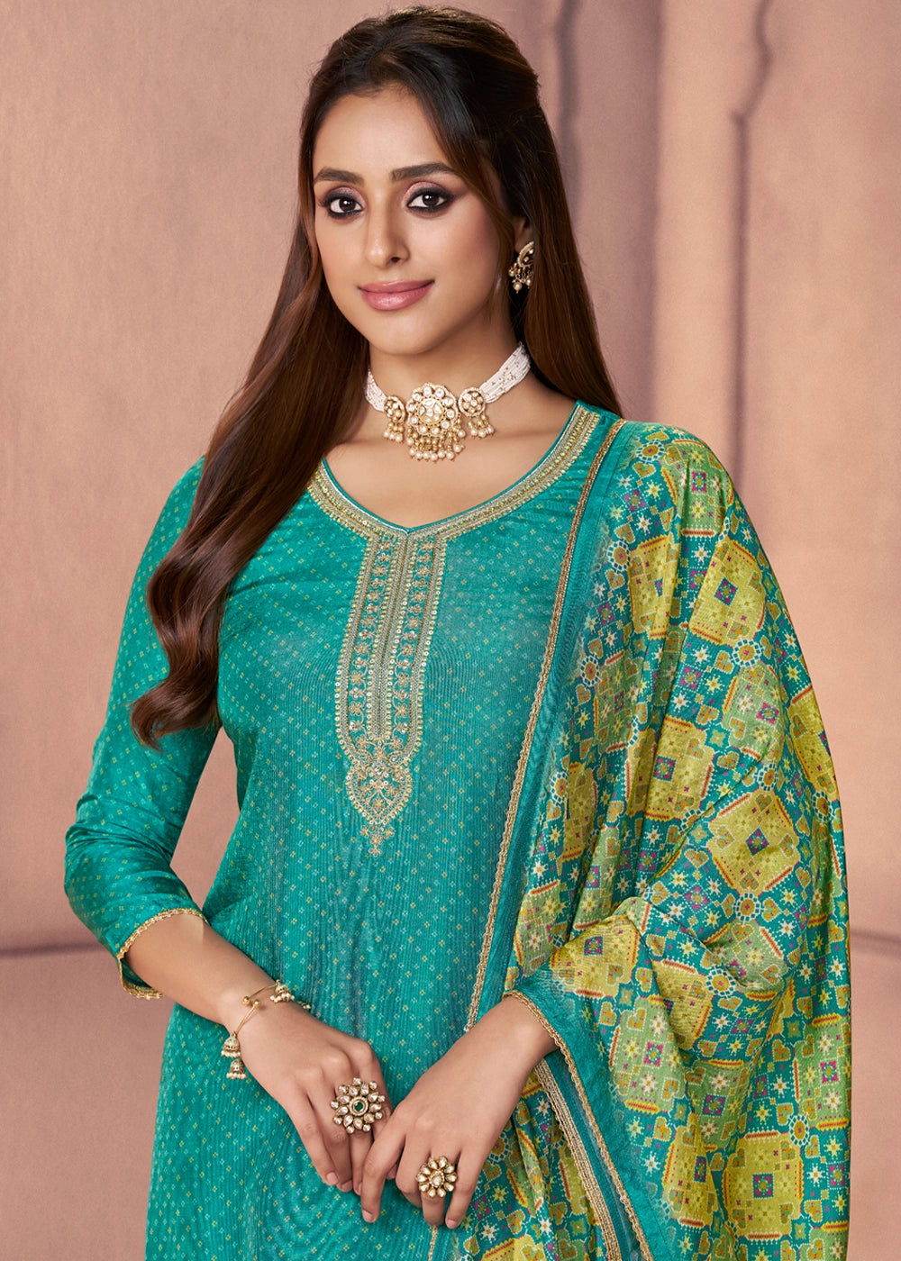 Turquoise Blue Silk Suit with Ethnic Motif Print & Embroidered Detailing