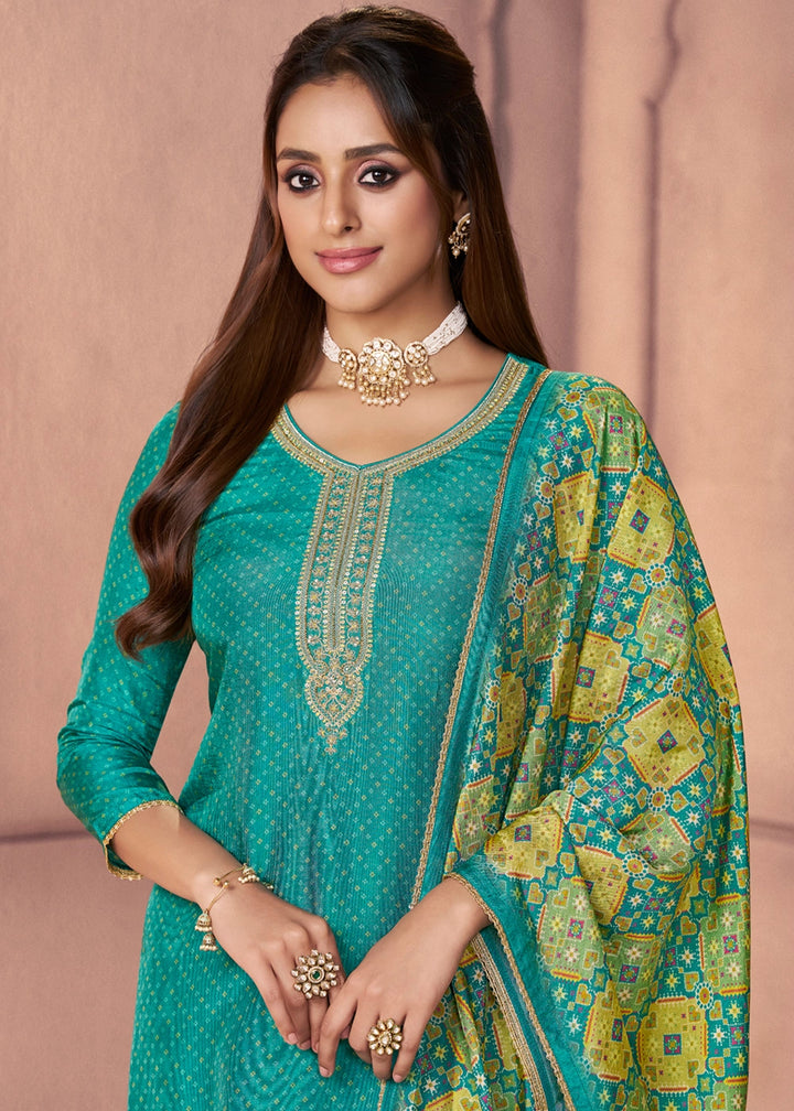 Turquoise Blue Silk Suit with Ethnic Motif Print & Embroidered Detailing