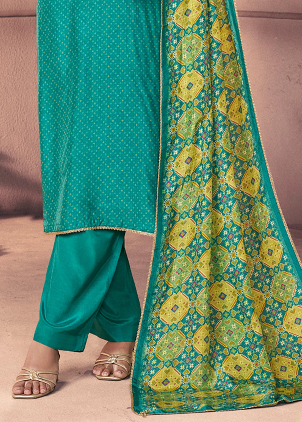 Turquoise Blue Silk Suit with Ethnic Motif Print & Embroidered Detailing