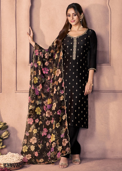 Pebble Black Dola Silk Suit with Ethnic Motifs and Embroidered Neckline