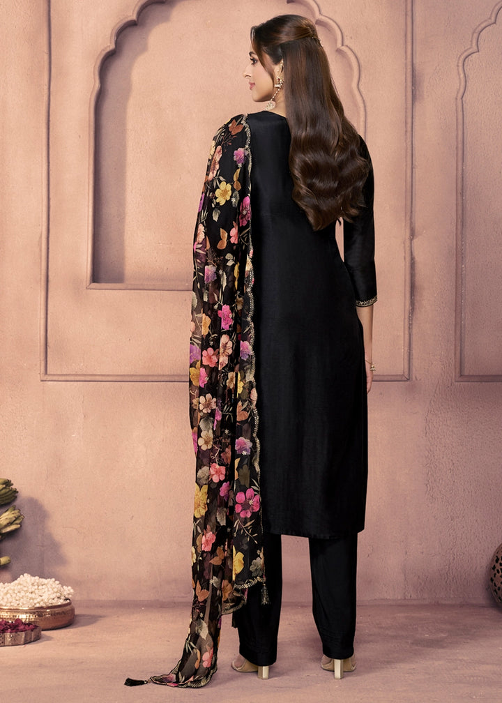 Pebble Black Dola Silk Suit with Ethnic Motifs and Embroidered Neckline