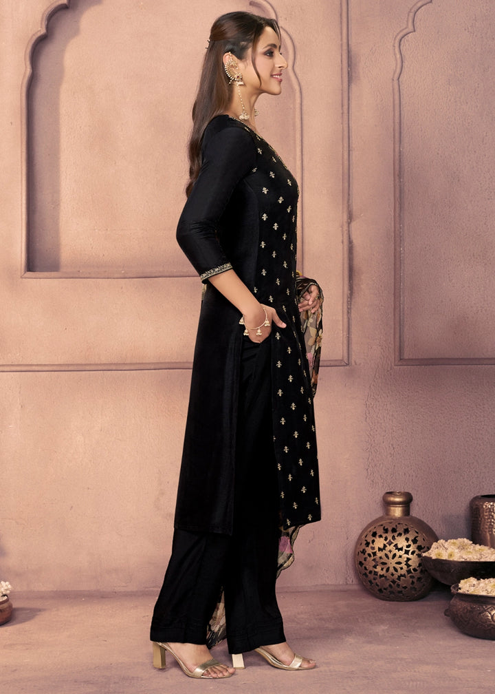 Pebble Black Dola Silk Suit with Ethnic Motifs and Embroidered Neckline
