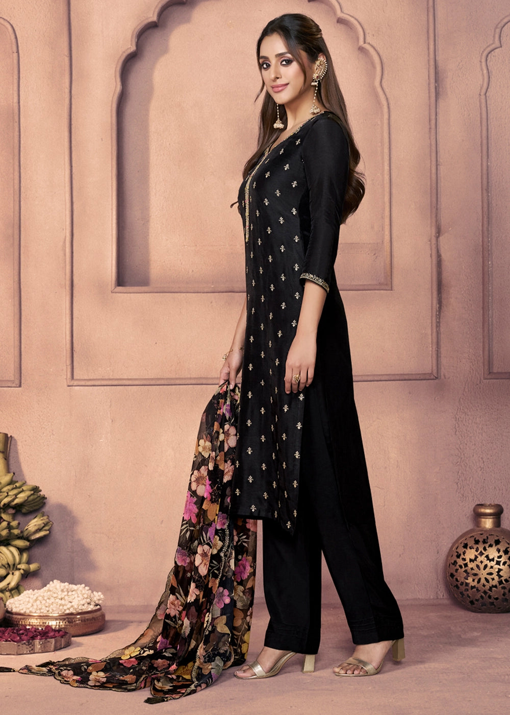 Pebble Black Dola Silk Suit with Ethnic Motifs and Embroidered Neckline