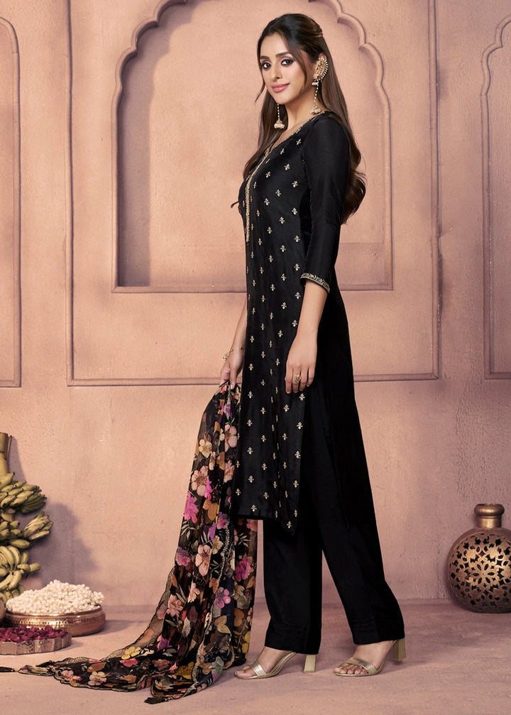 Pebble Black Dola Silk Suit with Ethnic Motifs and Embroidered Neckline