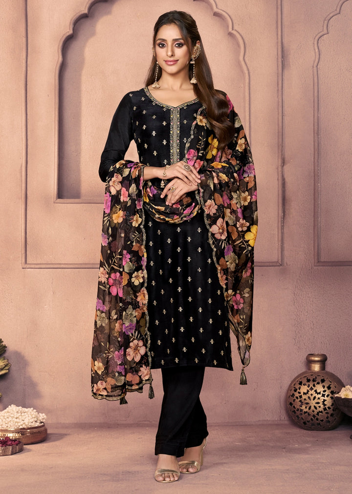 Pebble Black Dola Silk Suit with Ethnic Motifs and Embroidered Neckline