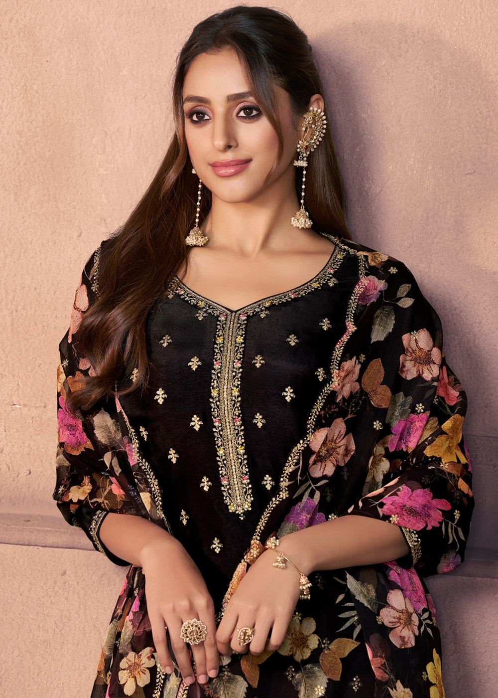 Pebble Black Dola Silk Suit with Ethnic Motifs and Embroidered Neckline