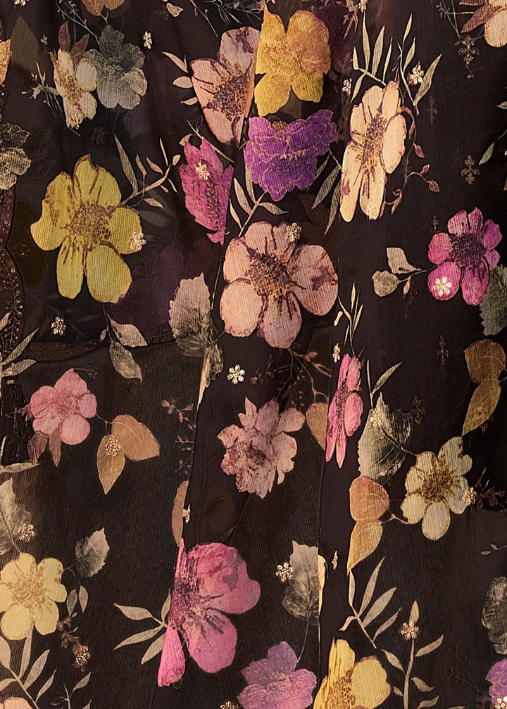 Pebble Black Dola Silk Suit with Ethnic Motifs and Embroidered Neckline