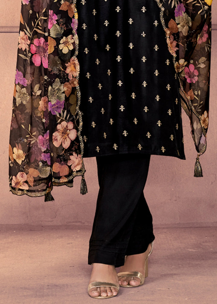 Pebble Black Dola Silk Suit with Ethnic Motifs and Embroidered Neckline