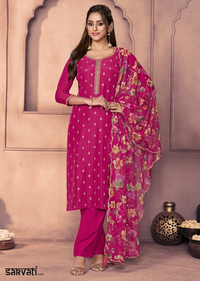 Magenta Pink Dola Silk Suit with Ethnic Motifs & Embroidered Neckline