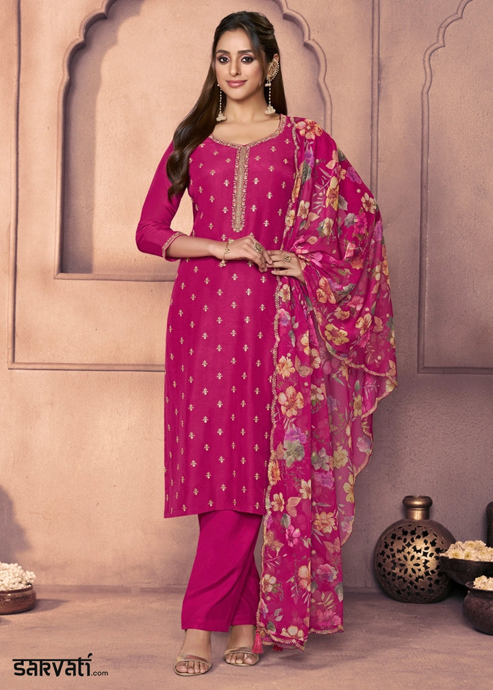 Magenta Pink Dola Silk Suit with Ethnic Motifs & Embroidered Neckline