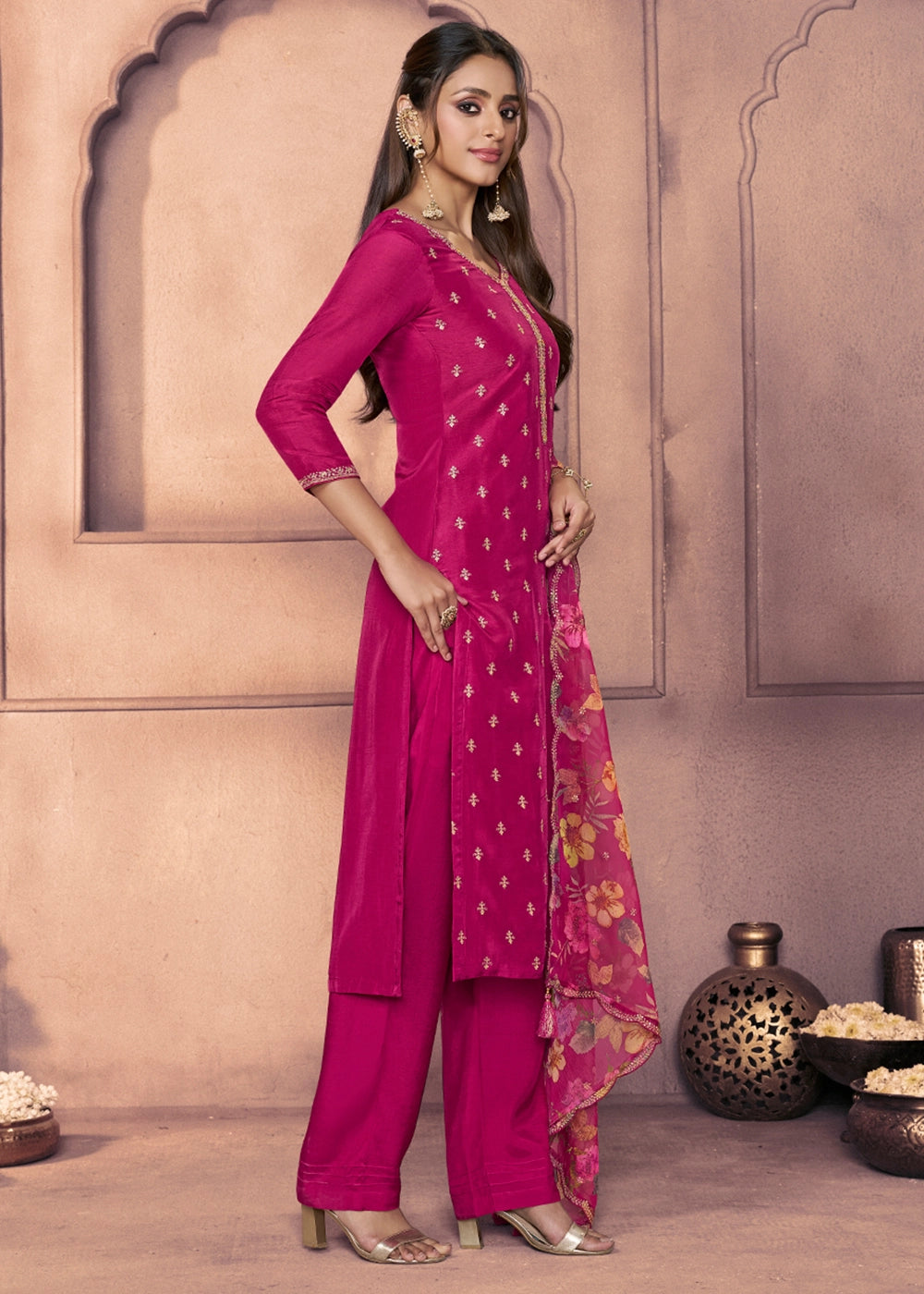 Magenta Pink Dola Silk Suit with Ethnic Motifs & Embroidered Neckline