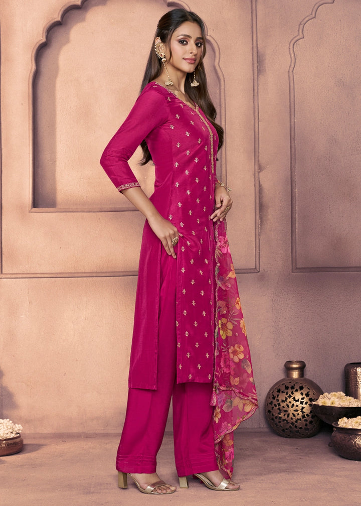 Magenta Pink Dola Silk Suit with Ethnic Motifs & Embroidered Neckline