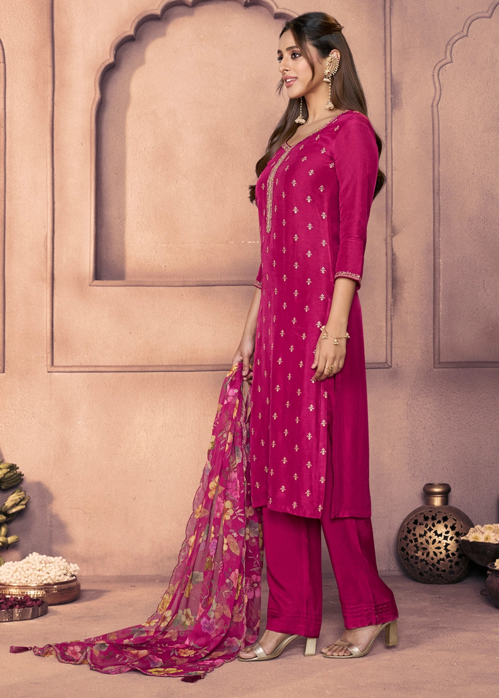 Magenta Pink Dola Silk Suit with Ethnic Motifs & Embroidered Neckline