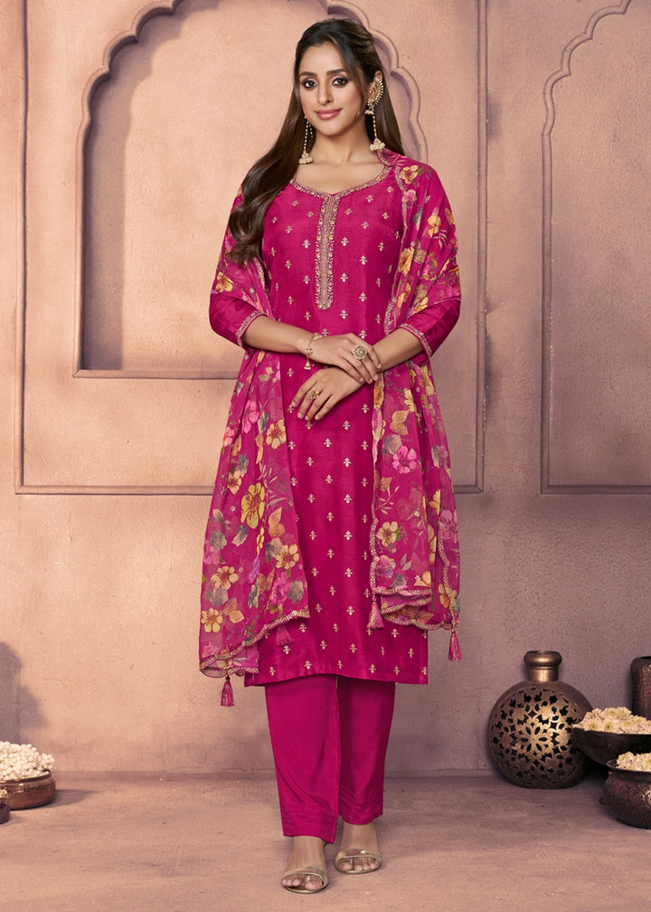 Magenta Pink Dola Silk Suit with Ethnic Motifs & Embroidered Neckline