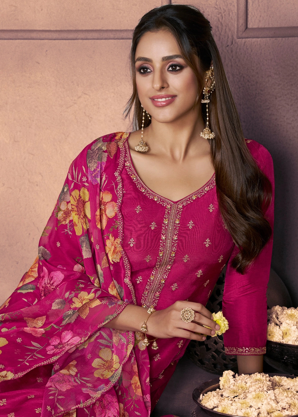 Magenta Pink Dola Silk Suit with Ethnic Motifs & Embroidered Neckline