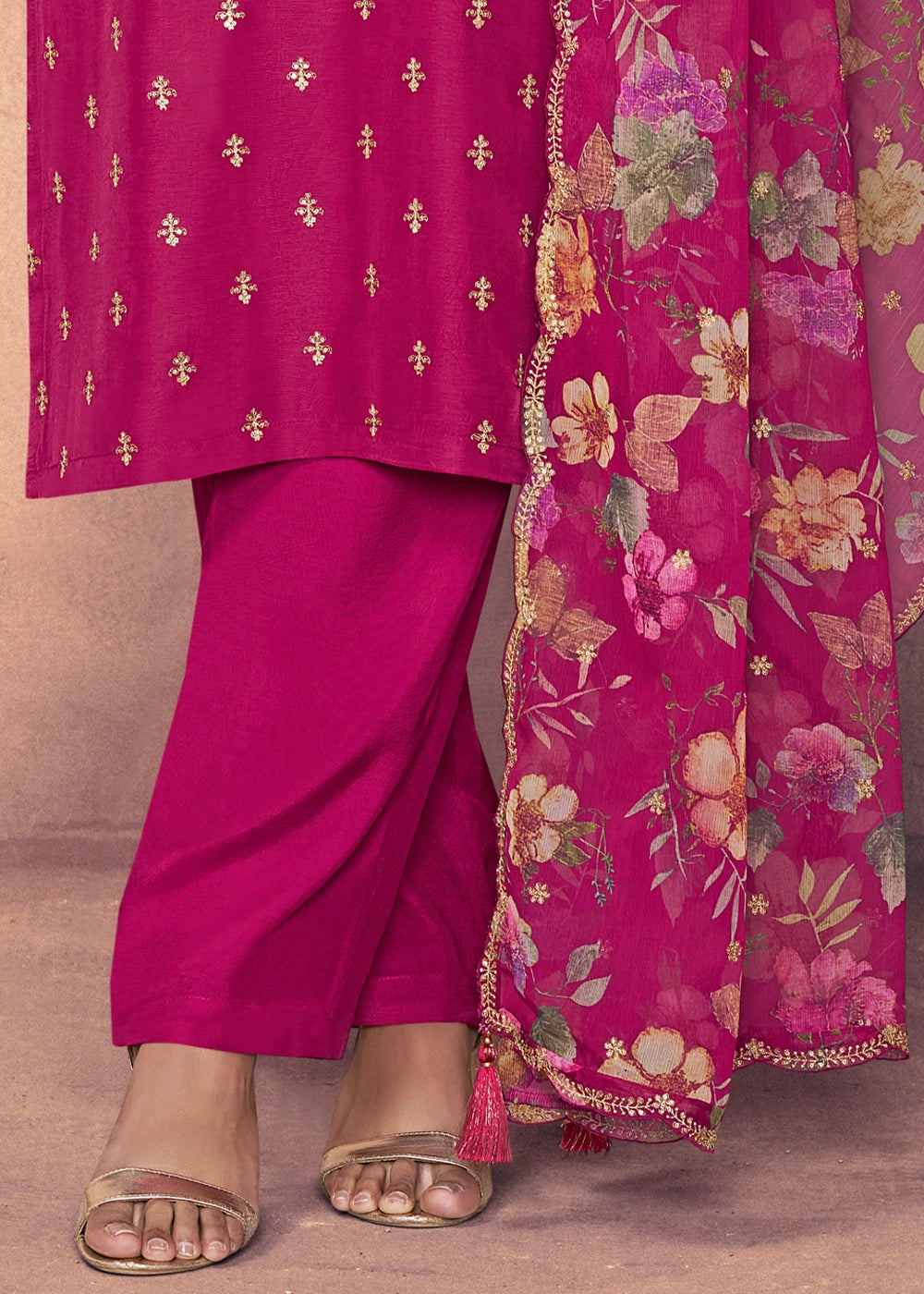 Magenta Pink Dola Silk Suit with Ethnic Motifs & Embroidered Neckline