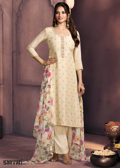 Cream White Dola Silk Suit with Ethnic Motifs & Embroidered Neckline