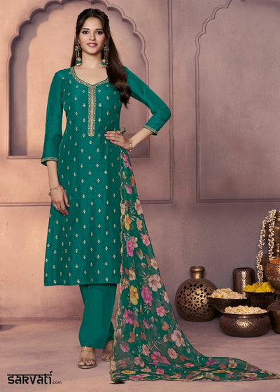 Bottle Green Dola Silk Suit with Ethnic Motifs & Embroidered Neckline