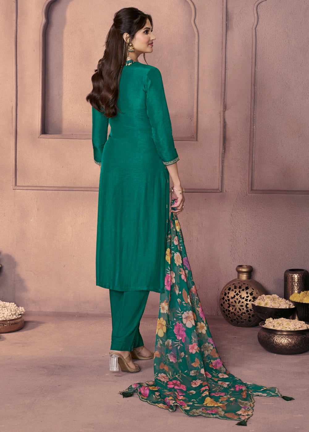 Bottle Green Dola Silk Suit with Ethnic Motifs & Embroidered Neckline