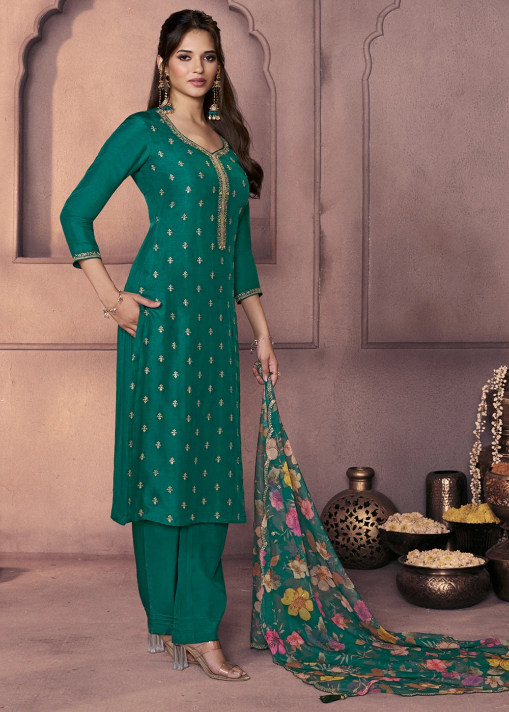 Bottle Green Dola Silk Suit with Ethnic Motifs & Embroidered Neckline