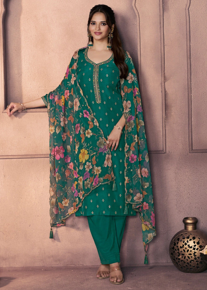 Bottle Green Dola Silk Suit with Ethnic Motifs & Embroidered Neckline
