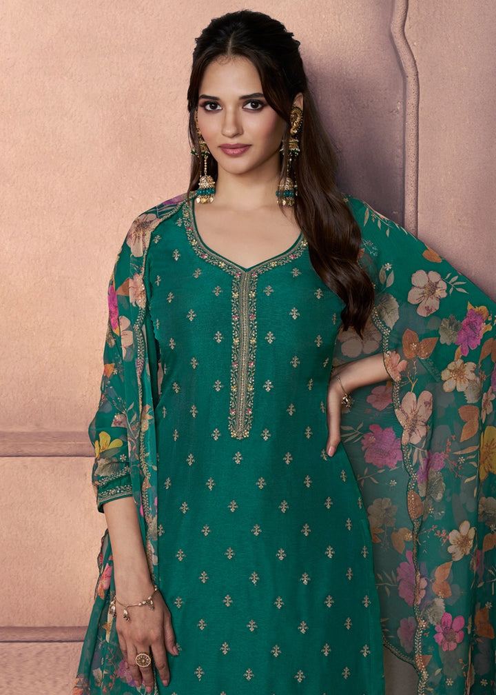 Bottle Green Dola Silk Suit with Ethnic Motifs & Embroidered Neckline
