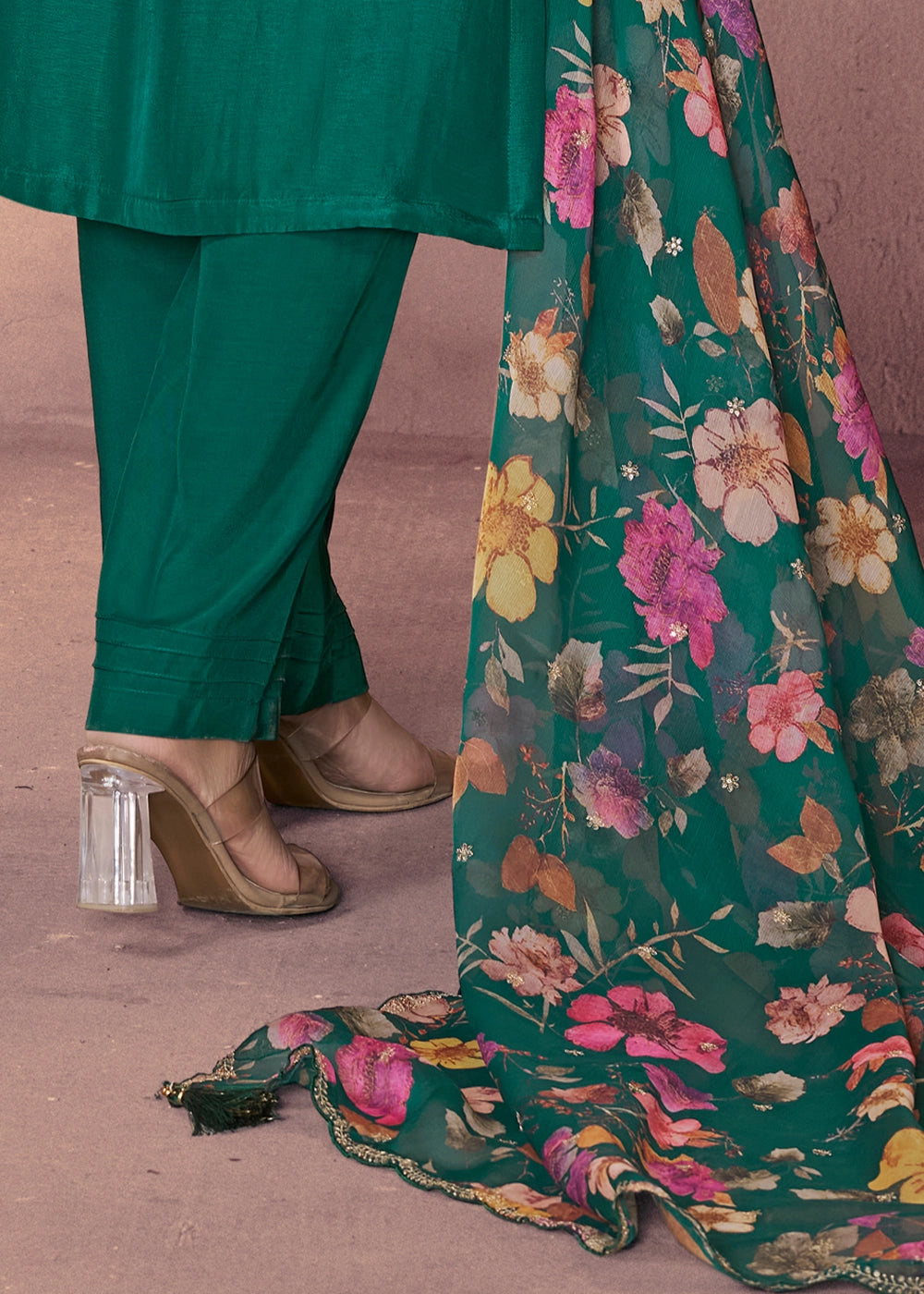 Bottle Green Dola Silk Suit with Ethnic Motifs & Embroidered Neckline