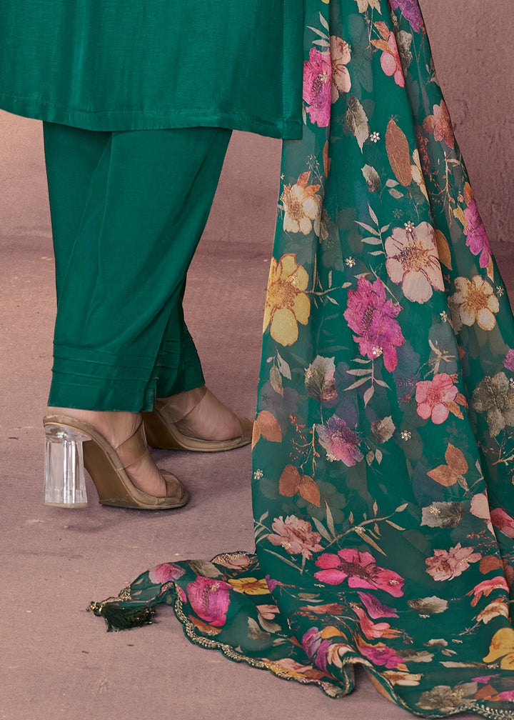 Bottle Green Dola Silk Suit with Ethnic Motifs & Embroidered Neckline