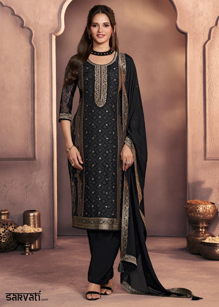 Jade Black Dola Silk Suit with Ethnic Motifs & Jacquard Embellishment
