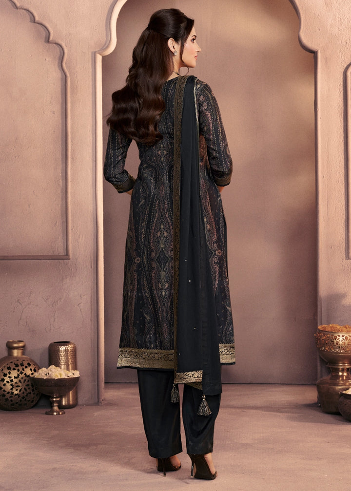 Jade Black Dola Silk Suit with Ethnic Motifs & Jacquard Embellishment