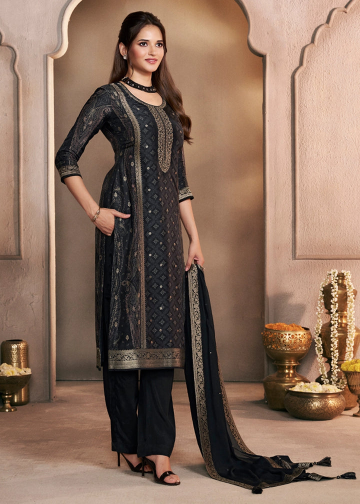 Jade Black Dola Silk Suit with Ethnic Motifs & Jacquard Embellishment