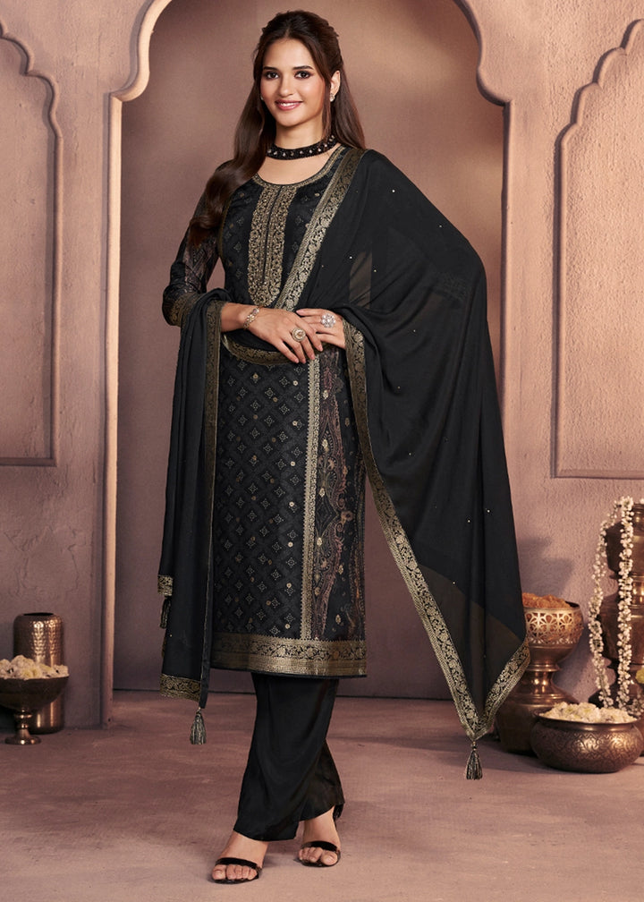 Jade Black Dola Silk Suit with Ethnic Motifs & Jacquard Embellishment