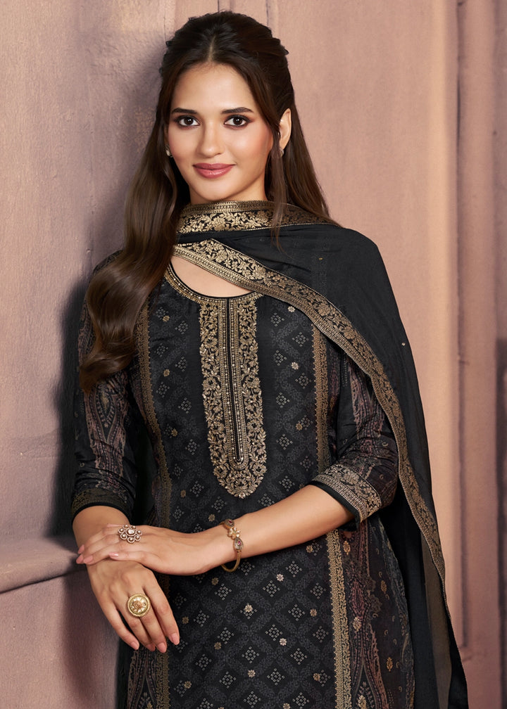 Jade Black Dola Silk Suit with Ethnic Motifs & Jacquard Embellishment