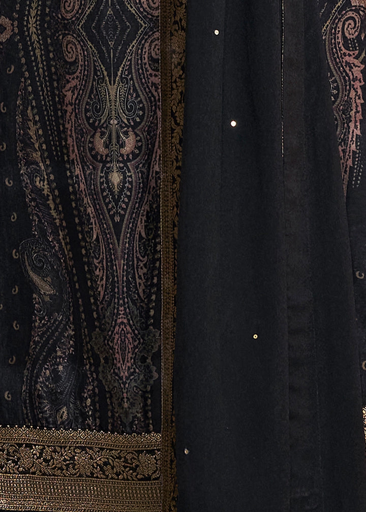 Jade Black Dola Silk Suit with Ethnic Motifs & Jacquard Embellishment