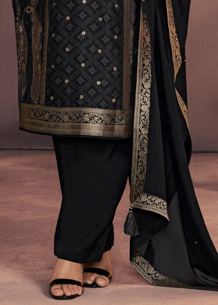 Jade Black Dola Silk Suit with Ethnic Motifs & Jacquard Embellishment
