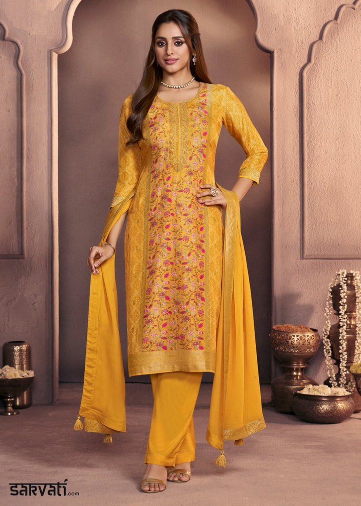 Golden Yellow Dola Silk Suit with Ethnic Motifs & Jacquard Detailing