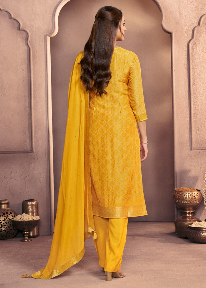 Golden Yellow Dola Silk Suit with Ethnic Motifs & Jacquard Detailing